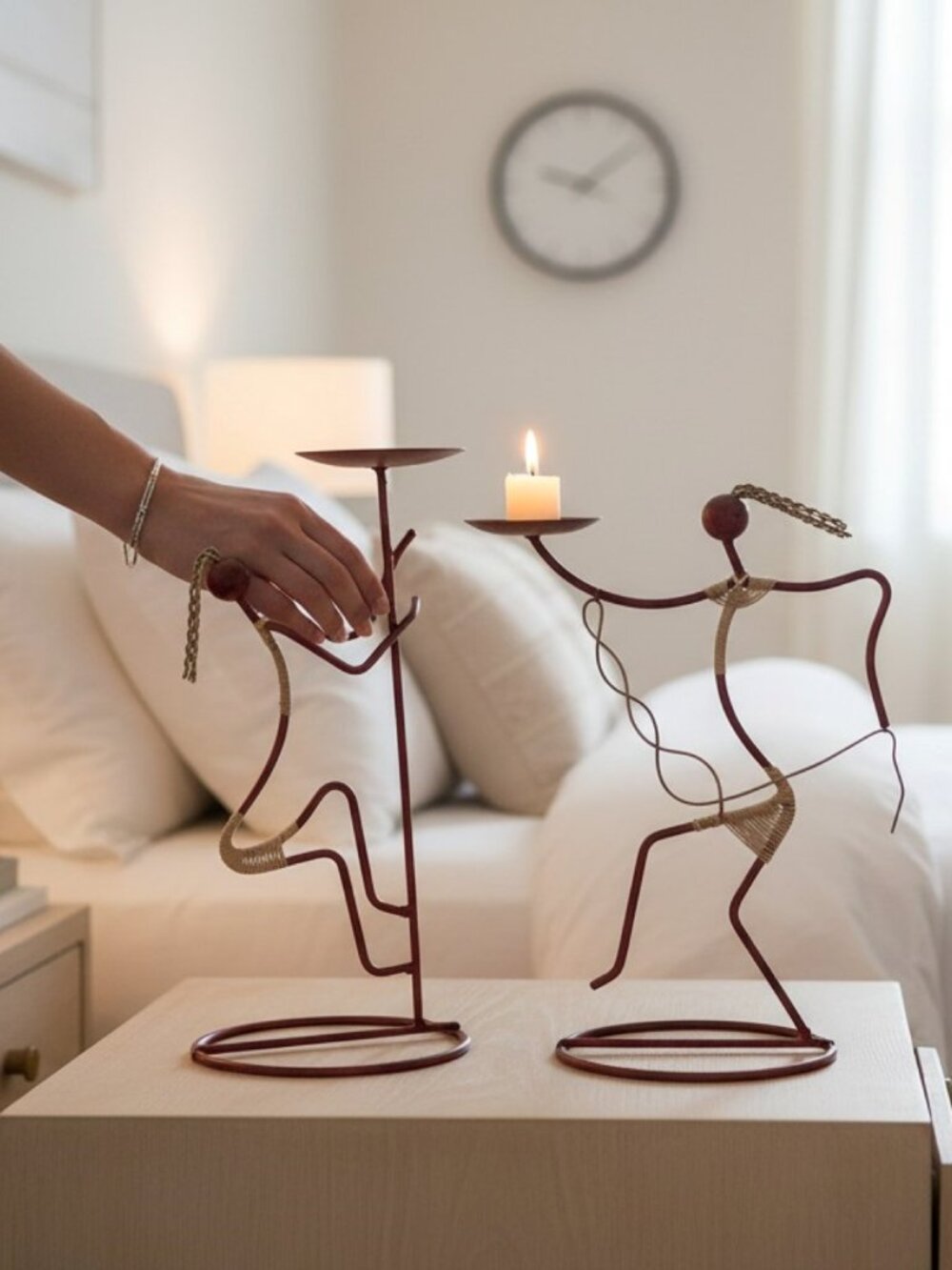 Vintage Wrought Iron Rattan Candle Holder Sculptures • Abstract Modern Art